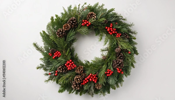 Obraz Christmas Wreath with Red Bow and Holly Berries on White Background