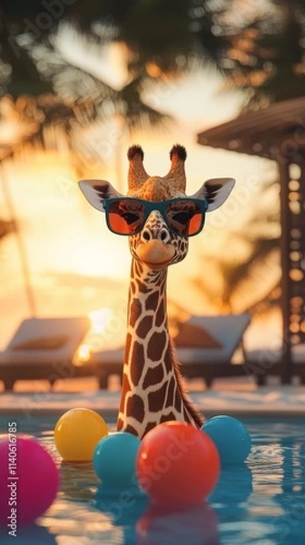 Fototapeta Cool giraffe relaxing in swimming pool at sunset