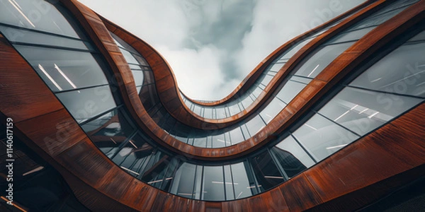 Fototapeta Intricate wooden spiral staircase showcasing elaborate carvings and sweeping curves in a historic building