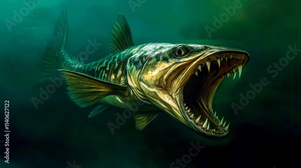 Obraz Northern pike fish opening mouth showing sharp teeth in dark water