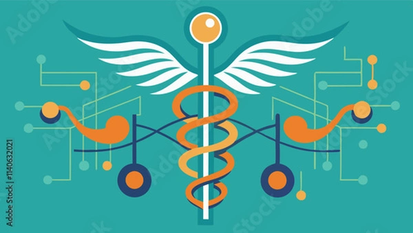 Fototapeta Symbolic blend of music and health featuring a stylized caduceus surrounded by notes and leaves, representing harmony and vitality in a creative vector design