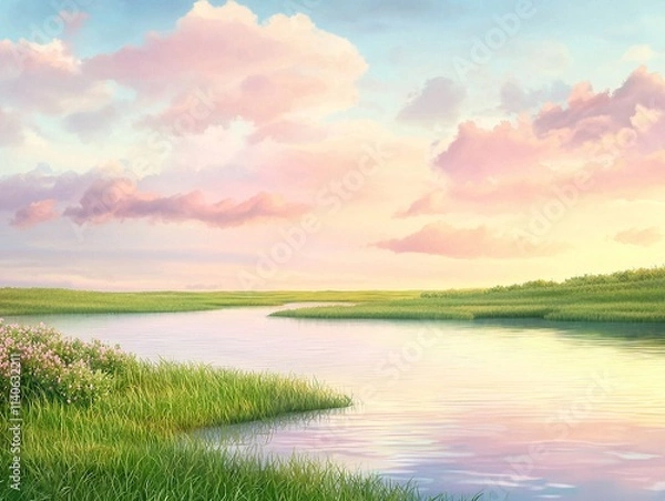 Fototapeta Serene prairie twilight with vivid hues shimmering on tranquil waters.