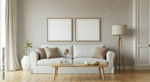 Fototapeta An interior living room with blank rectangular photo frames on the wall 3d illustration mock-up template.