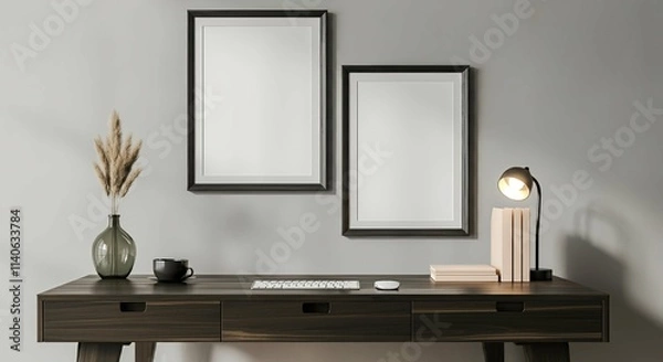 Fototapeta A study interior room with blank rectangular photo frames on the wall 3d illustration mock-up template.	
