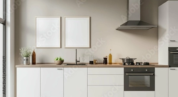 Fototapeta An interior room with blank rectangular photo frames on the wall 3d illustration mock-up template.	
