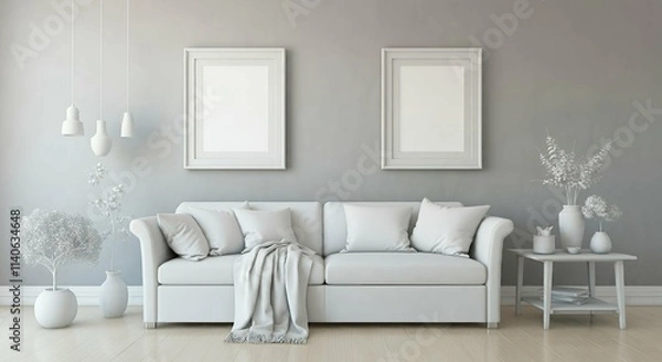 Fototapeta A modern living room with a sofa against a wall featuring blank poster frames in wooden frame borders 3d illustration template. Empty photo frame mock-up template.	