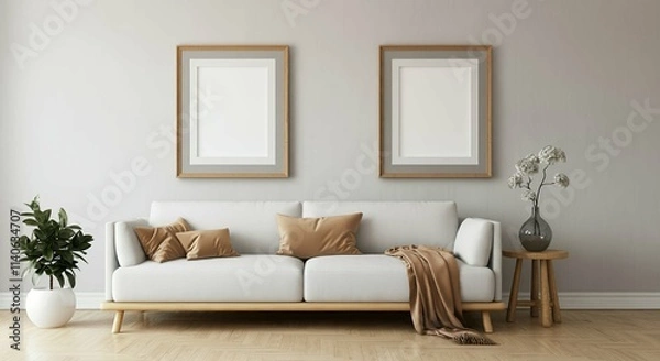 Fototapeta A modern living room with a sofa against a wall featuring blank poster frames in wooden frame borders 3d illustration template. Empty photo frame mock-up template.	
