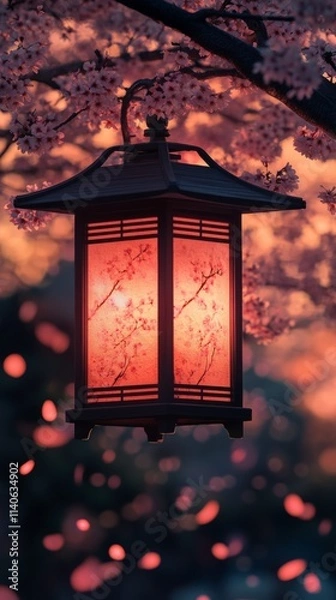 Fototapeta Japanese lantern hanging from cherry blossom tree at sunset