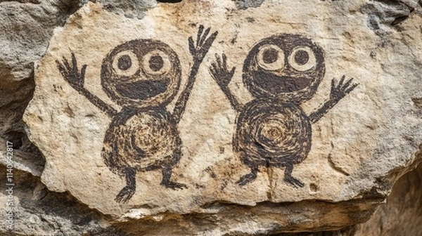 Fototapeta Two smiling painted figures waving hands on rock surface
