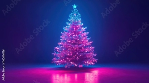 Fototapeta a christmas tree with pink lights in a dark room