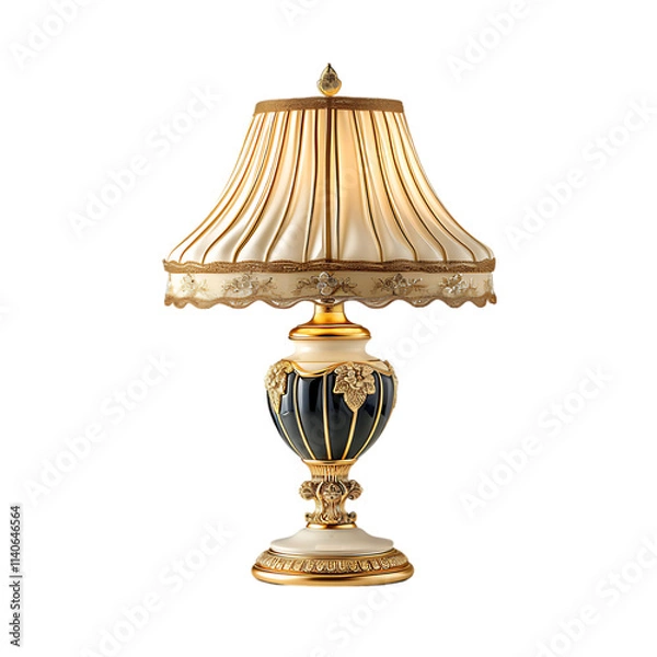 Fototapeta Elegant vintage table lamp with a gold-trimmed pleated shade and ornate black-and-gold base. Perfect for luxury interiors and classic decor. Transparent PNG.