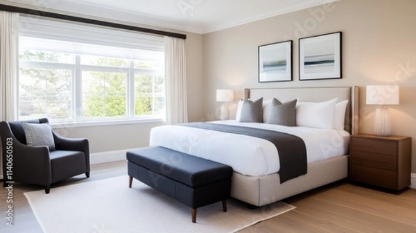 Fototapeta Modern and Minimalist Bedroom Design with Elegant Bed and Cozy Seating Area