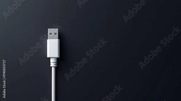 Fototapeta Close-up view of a white USB cable against a dark textured background