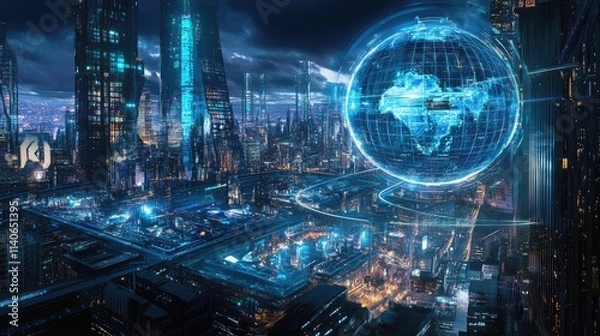 Obraz A futuristic world trade hub visualized as a holographic globe, intricate network paths connecting continents, cyberpunk, digital art, blue neon hues