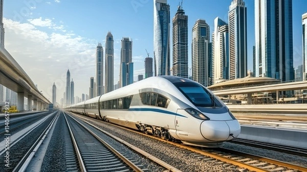 Obraz A modern high-speed train gliding past futuristic skyscrapers, its sleek design mirroring the ultra-modern surroundings