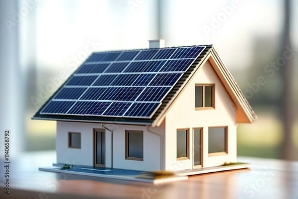 Fototapeta 3D rendering of a small house with solar panels on the roof. 