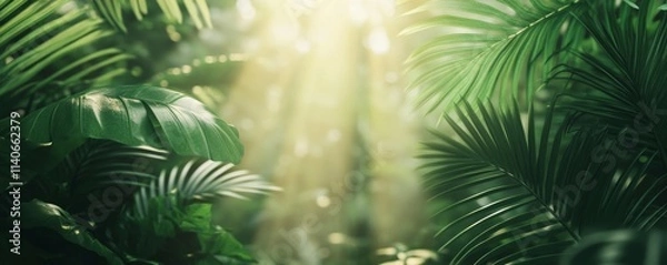 Fototapeta Green jungle canopy, sunlight filtering through leaves, tropical nature scene, Generative AI