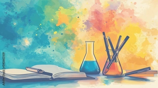 Fototapeta A colorful scene featuring a book, beakers, and pens, symbolizing science and creativity.