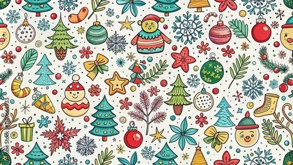 Fototapeta Seamless Christmas Doodle Pattern: Cute Winter New Year Wrapping Paper & Textile Design