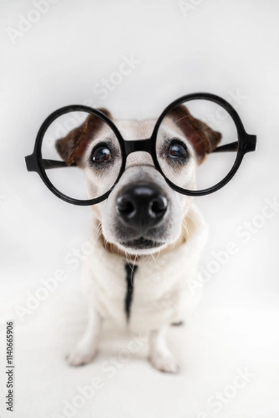 Fototapeta Silly dog face in round nerd glasses wearing warm clothes. Wide angle lens funny dog portrait. studio shot white background 