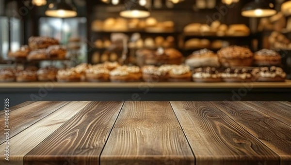 Fototapeta Empty wooden table top with a blurred background of a bakery shop interior, for product display montage