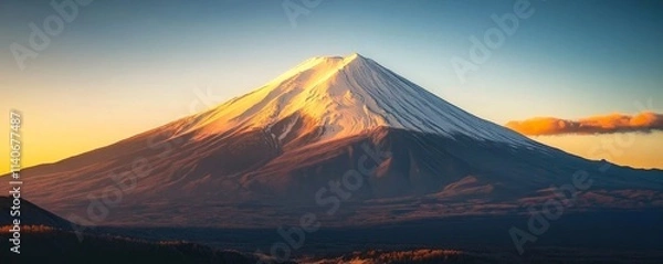 Obraz Snow-capped mountain peak at sunrise, golden light on icy summit, majestic landscape, Generative AI
