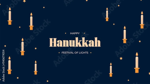 Fototapeta Happy Hanukkah Jewish Holiday Social Media Post Template.Hanukkah on blue horizontal background with holiday candles and stars.Design for Jewish Festival of light. Place for your text.