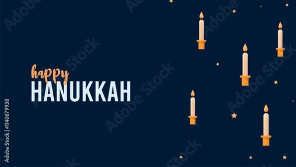 Fototapeta Happy Hanukkah Jewish Holiday Social Media Post Template.Hanukkah on blue horizontal background with holiday candles and stars.Design for Jewish Festival of light. Place for your text.