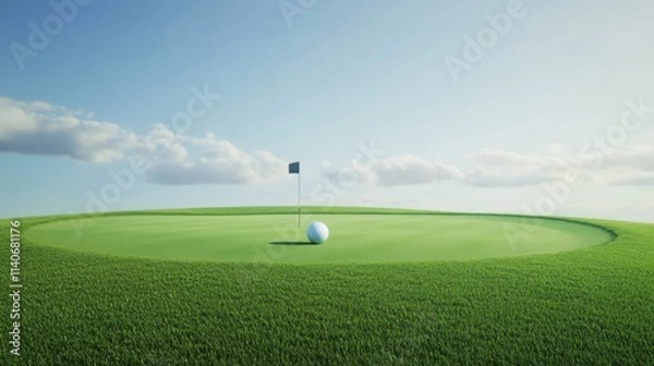 Fototapeta Tranquil Golf Course Scene with Flag and Golf Ball on Green Grass
