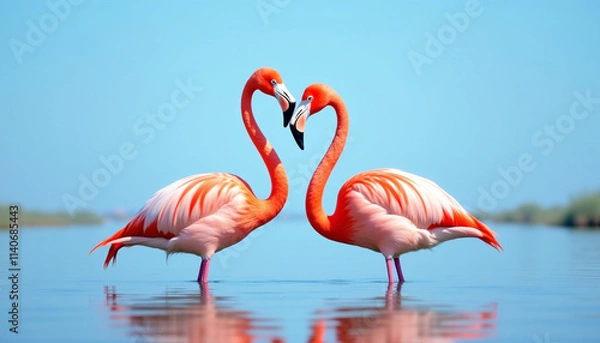 Fototapeta Two pink flamingos forming a heart shape with their necks in calm water under a blue sky