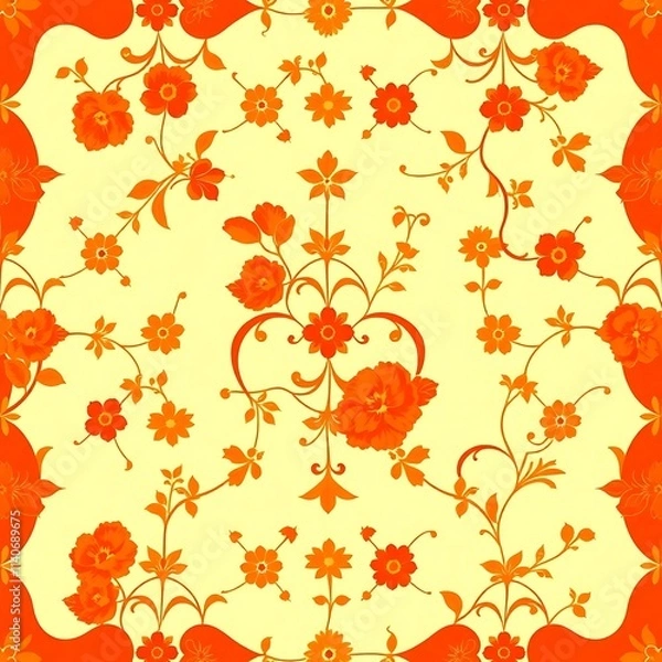 Fototapeta Orange Floral Pattern: A delicate and vibrant floral pattern, featuring intricate orange blossoms and graceful vines, seamlessly repeats across a soft, pastel yellow background.