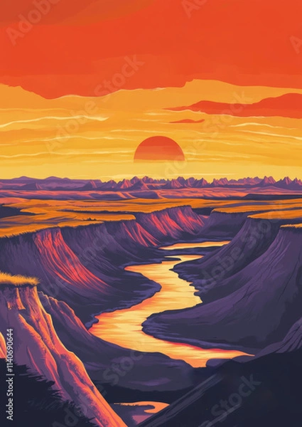 Obraz Vibrant travel poster of Badlands sunset with hills, glossy black rocks, and a river.