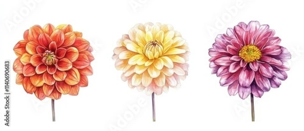 Fototapeta Three detailed watercolor illustrations of dahlia flowers in orange, cream, and pink colors, showing their characteristic layered petals and rounded forms against a white background. Generative AI