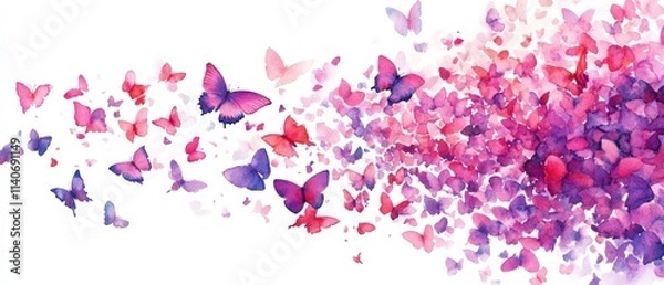 Obraz A dynamic watercolor composition of butterflies in pink and purple hues flowing from left to right, transitioning from scattered individual butterflies to a dense, cloud of butterflies. Generative AI
