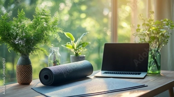 Fototapeta Yoga mat, laptop, and plants on a wooden table by a sunlit window.