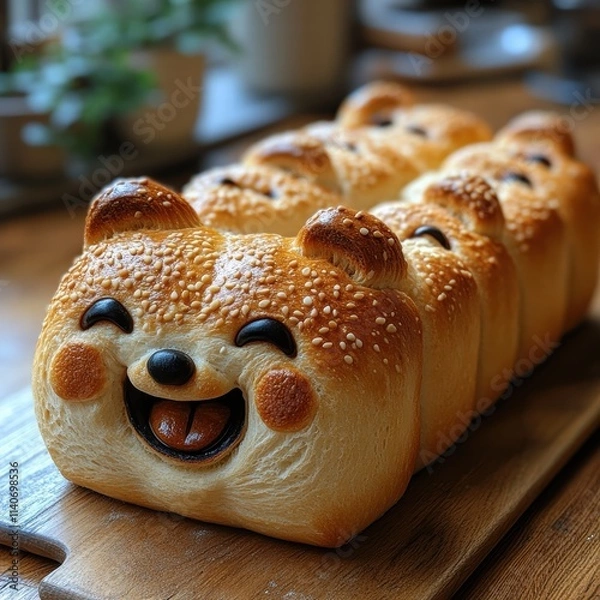 Fototapeta A cheerful, cartoon-style loaf of bread with bear features, smiley face, and sesame seeds.
