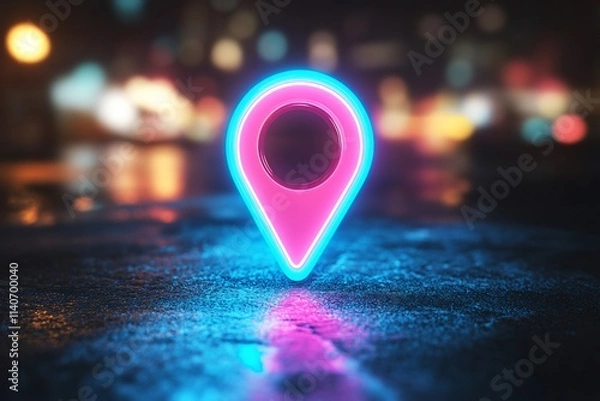 Fototapeta Glowing neon map pin on wet asphalt at night.