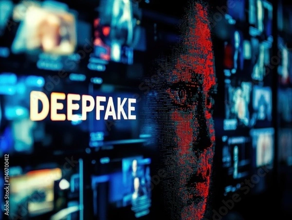 Fototapeta Conceptual digital art highlighting the deepfake technology phenomenon.