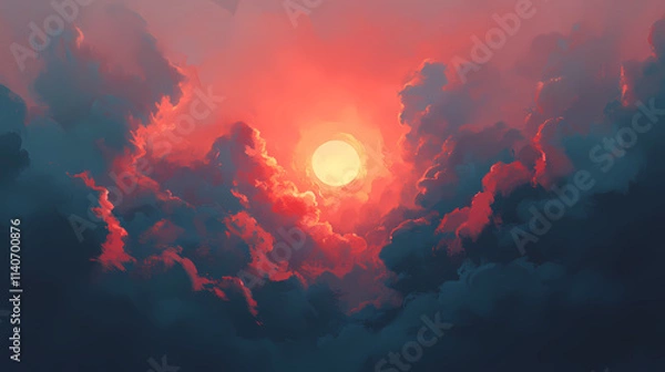 Fototapeta Brilliant sun rising through dense grey clouds, lighting up the sky with a burst of color, signifying hope and transformation. sunrise clouds, symbolic transformation. Ashen. Illustration