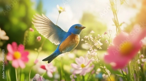 Obraz Vibrant Blue Bird Flying Amidst Colorful Spring Flowers in Bloom