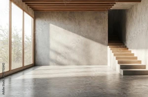 Obraz A large room with a staircase and a window
