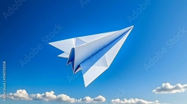 Fototapeta Paper Airplane Soaring Above Bright Blue Sky with Fluffy Clouds