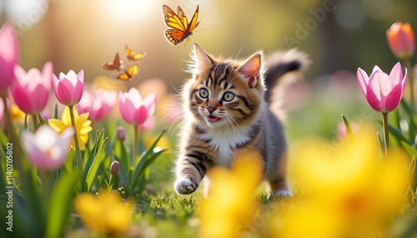 Fototapeta Playful kitten chasing butterflies among blooming flowers in a vibrant garden