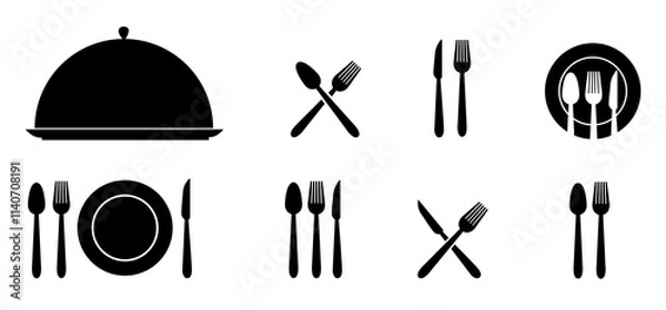 Fototapeta Tableware collection - dish, Fork, knife, spoon and plate set icons – Dinner service flatware, for apps and websites, food flyer – vector Illustration, PNG