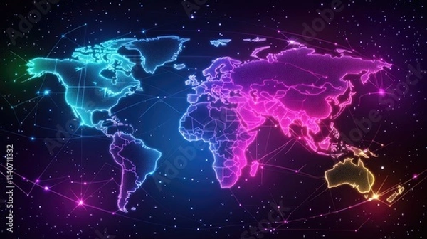 Fototapeta A world map overlaying a translucent digital globe, with trading routes illuminated in glowing lines, abstract tech design, neon palette