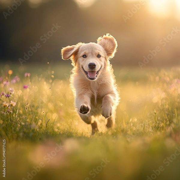 Fototapeta A joyful golden retriever runs through a sunlit field of flowers.