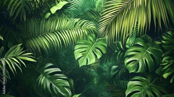 Fototapeta Lush green foliage with a variety of tropical leaves creating a vibrant jungle backdrop.