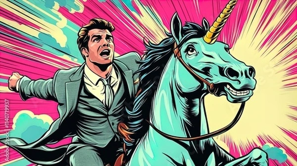 Obraz Corporate Professional on a Majestic Unicorn: A Shimmering Golden Horn and Dramatic Clouds Perfect for a Unique Sports Interior Poster