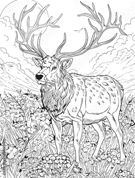 Obraz Elk coloring book page, anime aesthetic, clean line art, no shading
