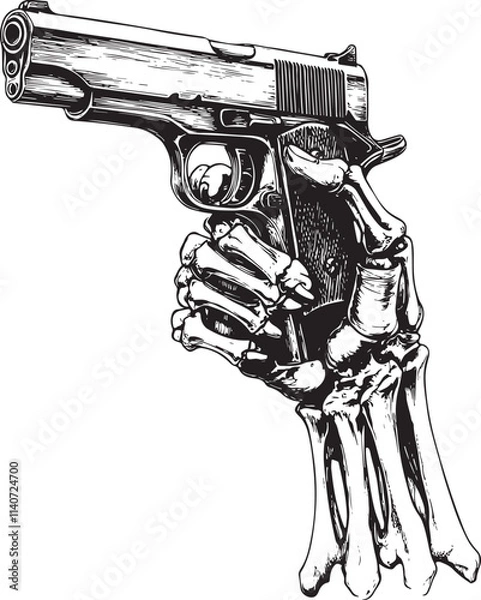 Obraz a skeleton hand holding a gun. Sketch tattoo noir et blanc 